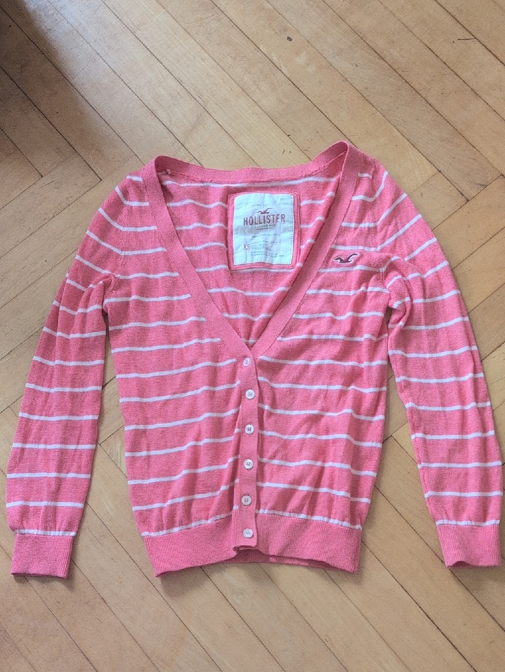 Hollister Coral Pink & White Striped V-Neck Button Cardigan Size XS